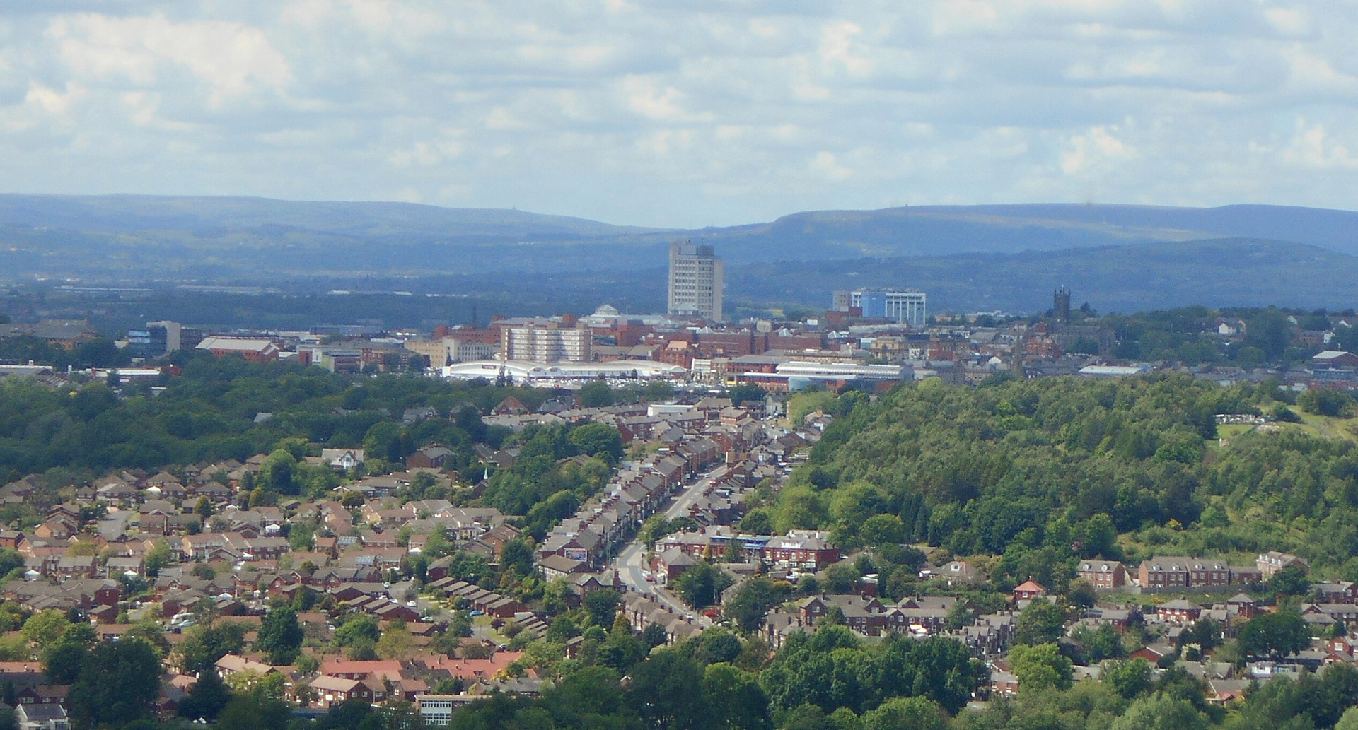 An aerial view of the town of Oldham, Greater Manchester, England.